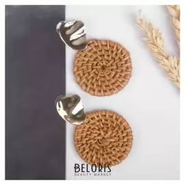 Серьги "Ваканда" солома, мятая капля с диском, цвет коричневый в золоте