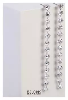 Серьги висячие со стразами "Дорожка" из ромбиков, цвет белый в серебре