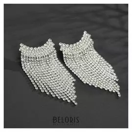 Серьги висячие со стразами "Дождь", цвет белый в серебре