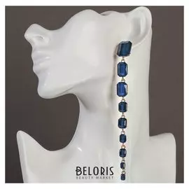 Серьги висячие со стразами "Флюид", цвет тёмно-синий в золоте