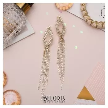 Серьги висячие со стразами "Голливуд" ромбы с нитями, цвет белый в золоте