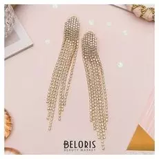 Серьги висячие со стразами "Голливуд" водопад нитей, цвет белый в золоте