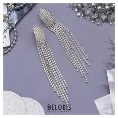 Серьги висячие со стразами "Голливуд" водопад нитей, цвет белый в серебре