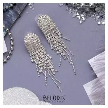 Серьги висячие со стразами "Голливуд" водопад, цвет белый в серебре