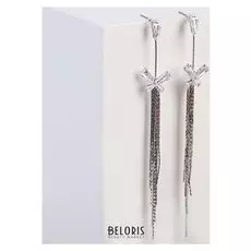 Серьги висячие со стразами "Искры" бантик с нитями, цвет белый в серебре