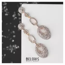 Серьги висячие со стразами "Сцепление" с овалом, цвет белый в золоте