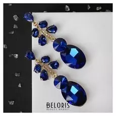 Серьги висячие со стразами "Вечеринка" цветок из капель, цвет сине-белый в золоте