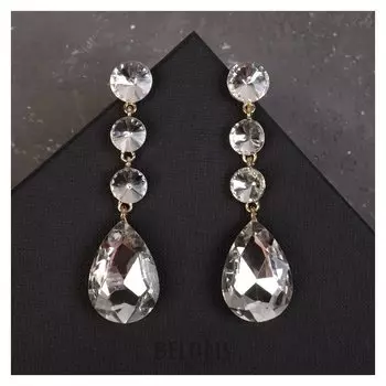 Серьги висячие со стразами "Вечеринка" дорожка из капель, цвет белый в золоте