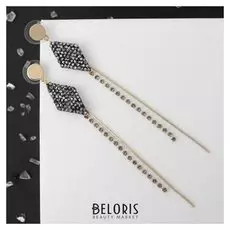 Серьги висячие со стразами "Вечеринка" нить и ромб, цвет чёрный в золоте