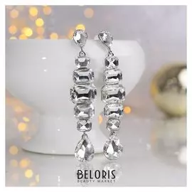 Серьги висячие со стразами "Вечеринка" подиум, цвет серебряный в серебре