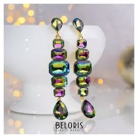 Серьги висячие со стразами "Вечеринка" подиум, цвет бензиновый в золоте