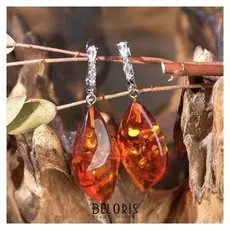 Серьги "Янтарь" лист, цвет коньячный