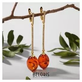 Серьги "Янтарь" рис, на палочке со стразами, цвет коньячный в золоте