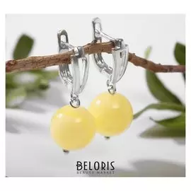 Серьги "Янтарь" шар №13, цвет молочный в серебре