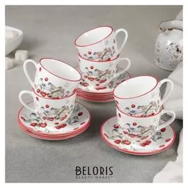Сервиз кофейный 12 предметов «Снегири», 6 чашек 90 мл, 6 блюдец