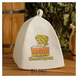 Шапка для бани и сауны детская "Юный банщик", с принтом, белая