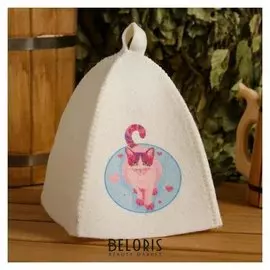 Шапка для бани и сауны детская "Котик", с принтом, белая