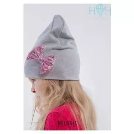 Шапка для девочки, цвет серый меланж/бантик из пайеток, размер 50-54
