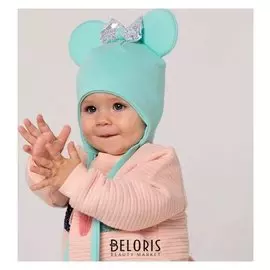 Шапка минни с бантом из пайеток с завязками, мятный, р-р 46-50