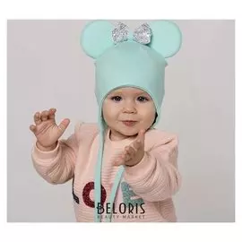 Шапка мышка с бантиком из пайеток серебро с завязками, цвет мятный, размер 42-46