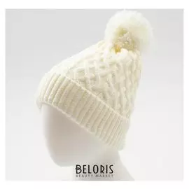 Шапка женская Minaku с помпоном и подворотом, размер 54-56, цвет белый