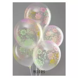 Шар латексный 12""Цветы с листьями", неон, прозрачный, набор 5 шт.