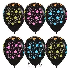 Шар латексный 12" «Звезды», пастель, 5 ст флюор, набор 12 шт., цв. чёрный