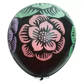 Шар латексный 17""цветы неон", 1 шт., цвет черный