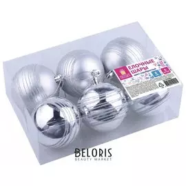 Шары елочные с узором, набор 6 штук, пластик, 8 см, серебристые, 3 глянцевых, 3 матовых