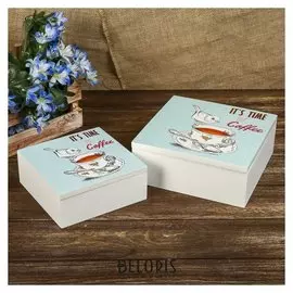 Шкатулка «Чашечка чая и птичка», набор 2 шт., дерево, 6,5 × 16 × 16 см, 8,2 × 20,5 × 20,5 см