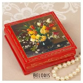 Шкатулка «Цветы в вазе», красная, 10х10 см, лаковая миниатюра