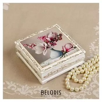 Шкатулка «Цветы в вазочке», белая, 10×10 см, лаковая миниатюра