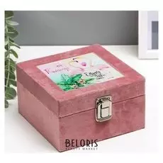 Шкатулка дерево "Фламинго в тропиках" бархат, стекло 8х14х14 см