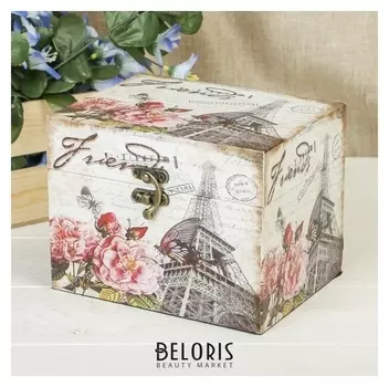Шкатулка дерево "Эйфелева башня и пионы" 12х16х12 см