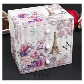 Шкатулка дерево комод 3 ящика "Эйфелева башня и букет цветов" 14,8х15,6х11,6 см