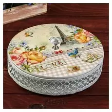 Шкатулка дерево, металл "Розы и эйфелева башня" круглая 8,5х20х20 см