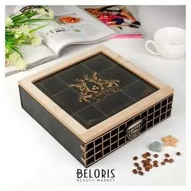 Шкатулка дерево, металл, стекло с делениями "Время для кофе" чёрная 7,5х24х24 см