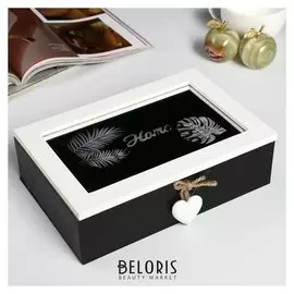 Шкатулка дерево с делениями, с зеркалом "Пальмовые листья" 7х24х16,5 см