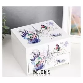 Шкатулка дерево с зеркалом "Эйфелева башня, чашка с цветами" 11,5х17х15 см