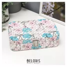 Шкатулка кожзам для украшений "Фламинго и листья, с блёстками" 5,6х14,7х21 см