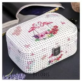 Шкатулка кожзам для украшений "Фламинго в цветах" с блёстками 7,2х16,7х11,7 см