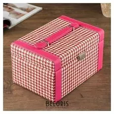 Шкатулка кожзам для украшений "Клеточка" розовая 16,5х24х14 см