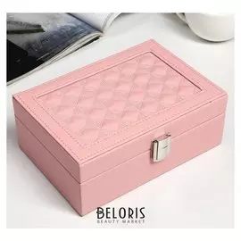 Шкатулка кожзам для украшений "Крупная клетка" розовая матовая 6,5х20х14 см