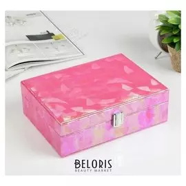 Шкатулка кожзам для украшений "Пэчворк из линий" ярко-розовый перламутр 8х25х19 см