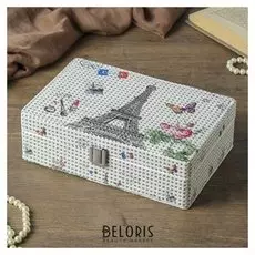 Шкатулка кожзам для украшений "Париж. эйфелева башня. цветы" блёстки 6,5х22х14,3 см