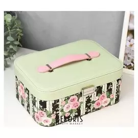 Шкатулка кожзам для украшений "Полоски и розы" зелёная с чёрным 10,5х25х18,5 см