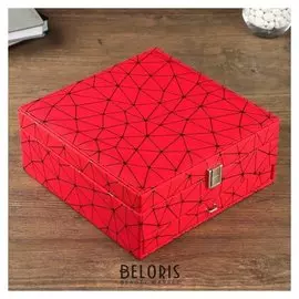 Шкатулка кожзам для украшений "Разноцветная паутина на красном" 10х24х24 см