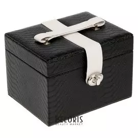 Шкатулка кожзам для украшений "Стильная" черная с белым ремешком 12,5х18х14 см