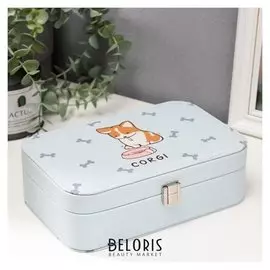 Шкатулка кожзам под часы 1 отделение и бижутерию "Щенок корги" 7х22,5х14,5 см