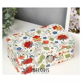 Шкатулка кожзам под часы 1 отделение и бижутерию "Сказочные цветы на белом" 7х22х14,5 см